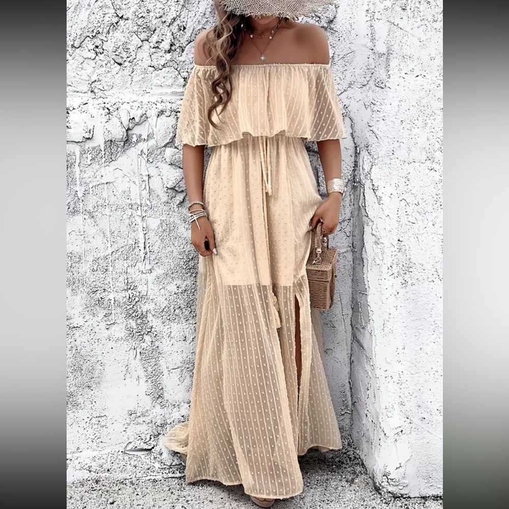 Cream Ruffled Off-Shoulder Maxi Sundress - Picture 5 of 11